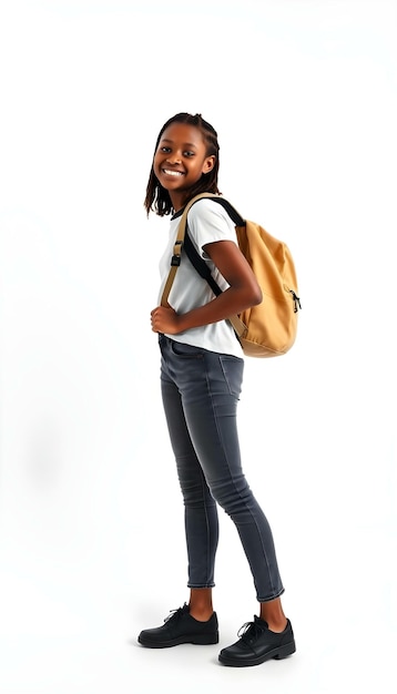 a girl with a backpack on her back stands in front of a white background