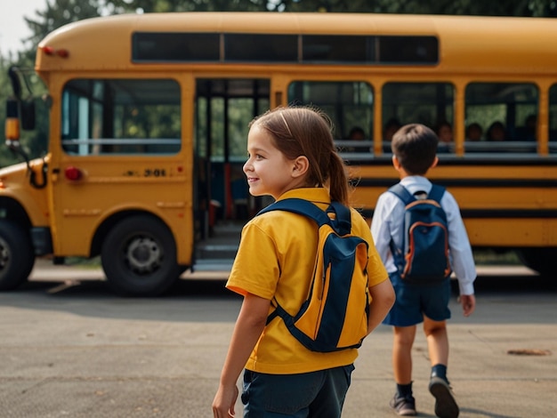 a girl with a backpack on her back walks towards a school bus