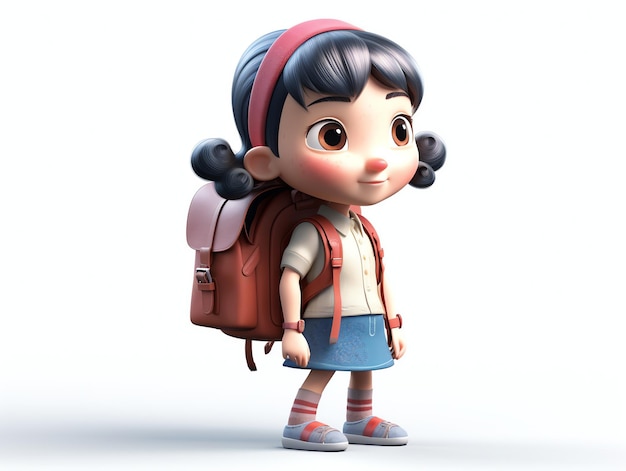 A girl with a backpack is standing in front of a white background.