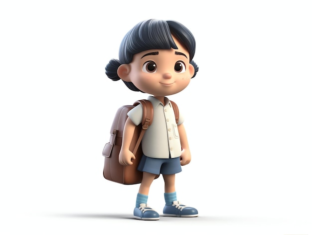 A girl with a backpack is standing in front of a white background