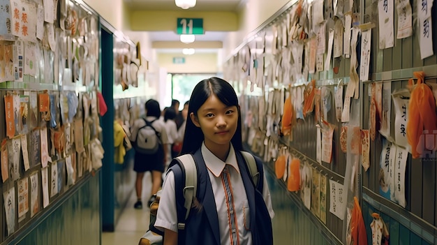 A girl with a backpack is walking in a hallway with tags hanging on the wall