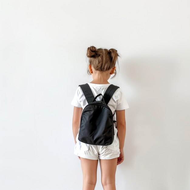 Photo a girl with a backpack stands against a white wall