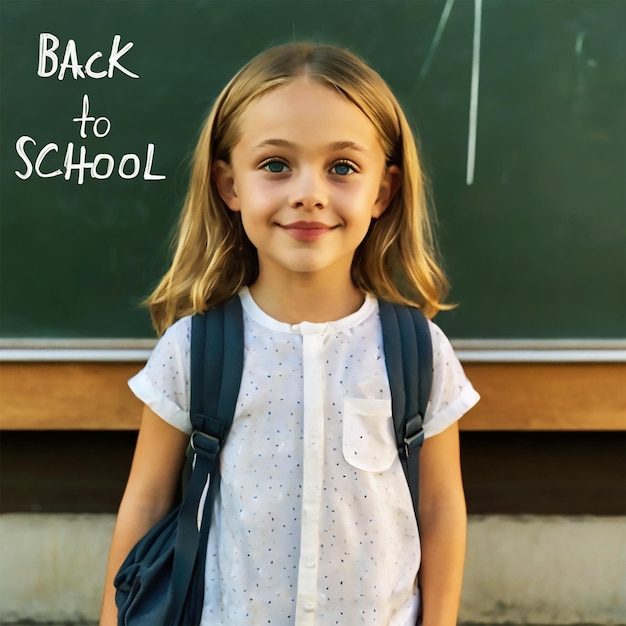 a girl with a backpack stands in front of a chalkboard that says back to school