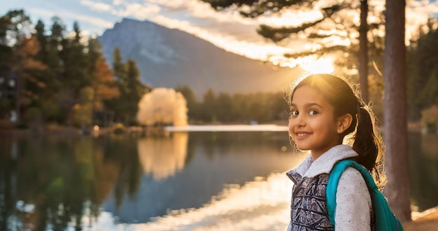 a girl with a backpack stands in front of a lake with mountains in the background