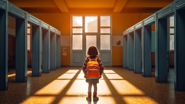 A girl with a backpack stands in a hallway with a sun shining on her back.