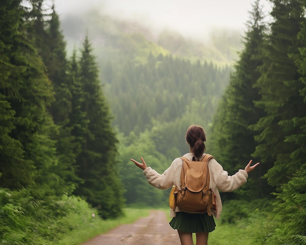 Photo a girl with a backpack stands in the middle of a forest