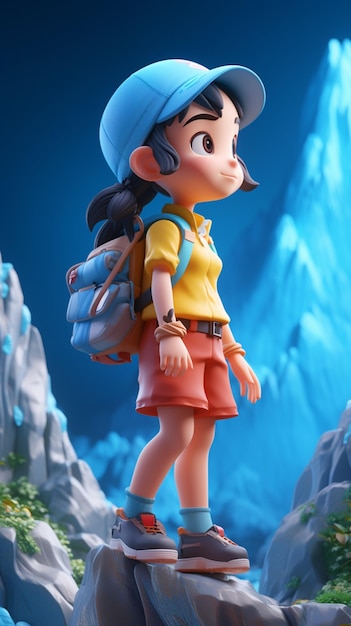 A girl with a backpack stands on a mountain