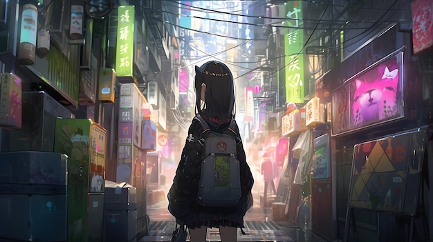 A girl with a backpack stands in a street in japan