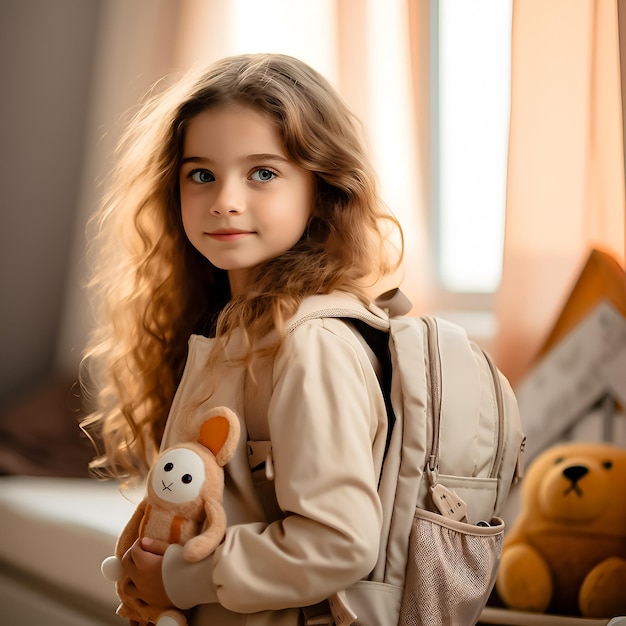 a girl with a backpack that says hello kitty on it