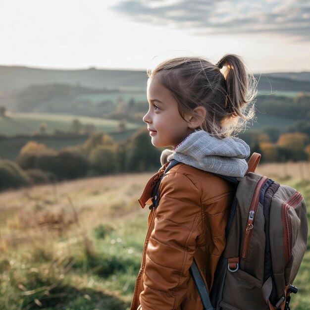 Photo a girl with a backpack that says  she is standing in a field