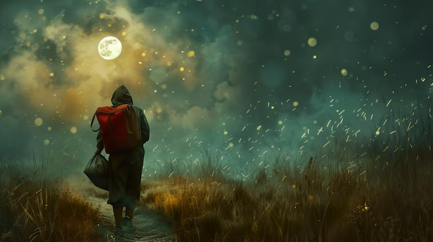 Photo a girl with a backpack walks down a path with the moon in the background