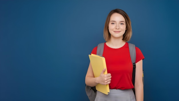 a girl with a backpack and a yellow folder against a blue background