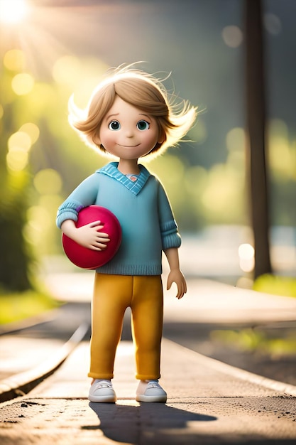 A girl with a ball and a blue sweater stands on a path in the park.