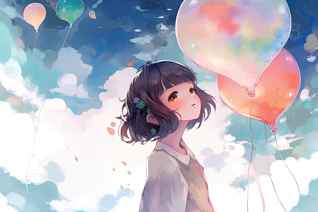 A girl with a balloon in the sky