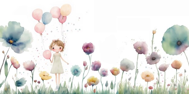 Photo girl with balloons among flowers watercolor ai generation