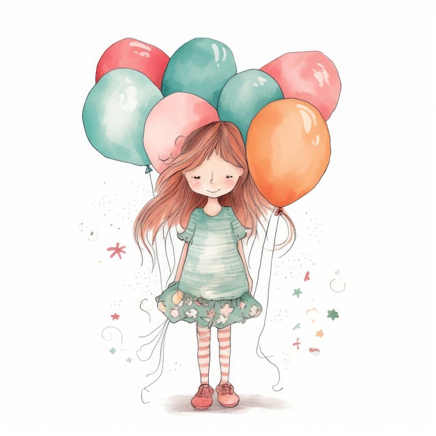 Girl with balloons illustration Illustration AI Generative