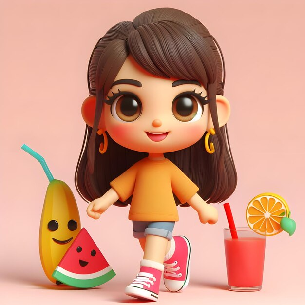 Girl with a banana and a juice glass with a smiley face ai generator