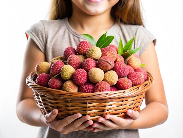 Photo a girl with a basket which contains fresh lychees