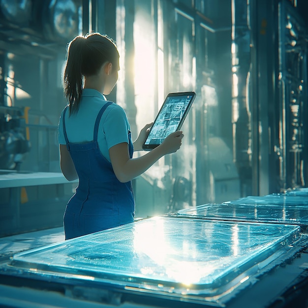 A Girl with a Big Smartphone Standing in Front of a Futuristic Cityscape