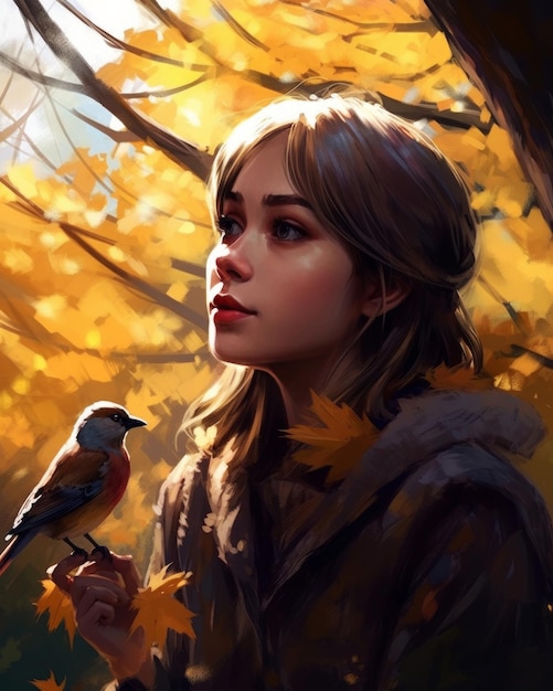 A girl with a bird on her shoulder