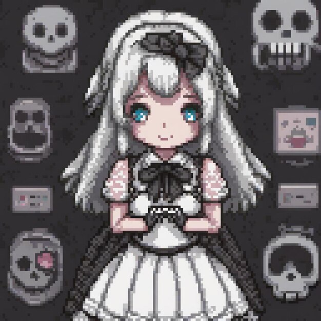 a girl with a black background with skulls and skulls