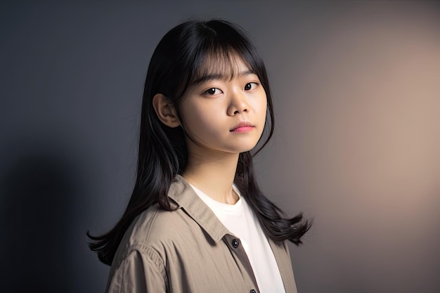 A girl with black hair and a beige jacket stands in front of a dark background.