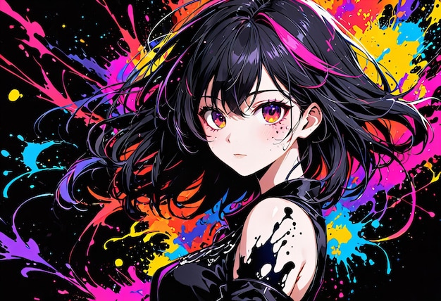 Photo a girl with black hair and a black dress has a colorful background