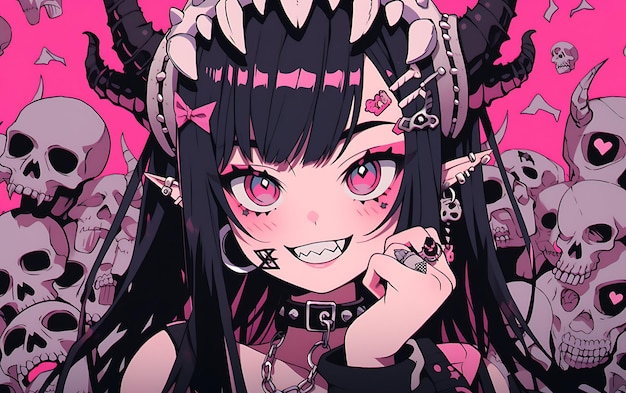 a girl with a black hair and a pink background