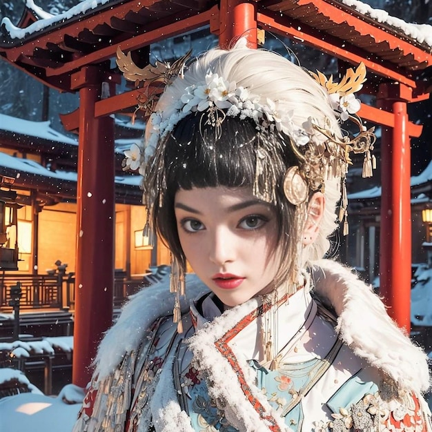 A girl with black hair and a red gate in the background