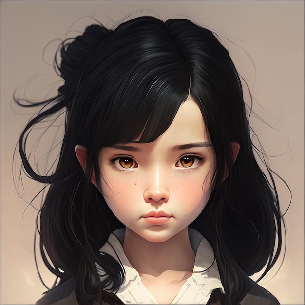 A girl with black hair and a white collared shirt with a pink eye.