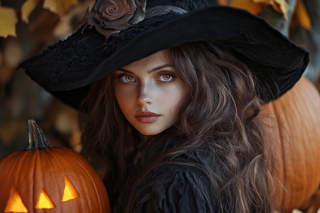 a girl with a black hat and a black hat with a pumpkin on it