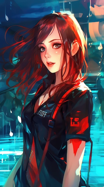 A girl with a black shirt and red hair