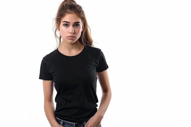 Photo a girl with a black shirt that says  she is wearing a black shirt