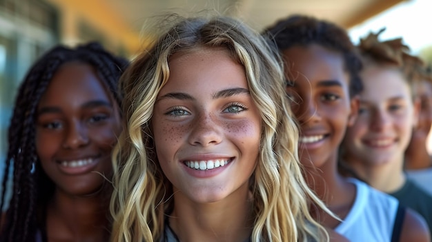 a girl with blonde hair and a blue eyes and a white shirt with the word quot s quot on it