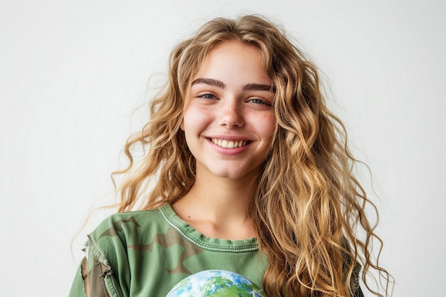 Photo a girl with blonde hair and a green shirt with the word earth on it