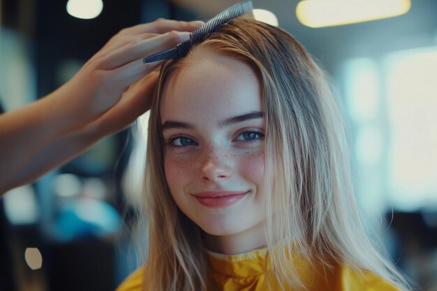 a girl with blonde hair is combing her hair