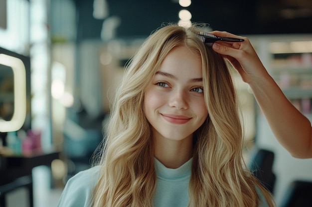 a girl with blonde hair is holding her hair up in a braid