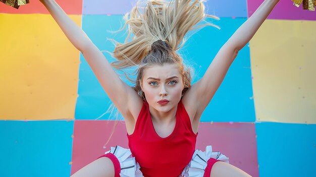 Photo a girl with blonde hair is performing in front of a colorful wall with a rainbow background