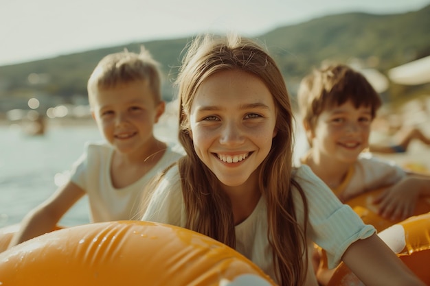 A girl with blonde hair is smiling at the camera while sitting on a float with t