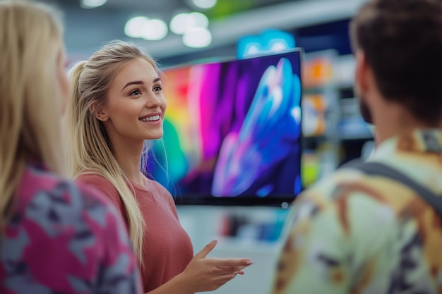 Photo a girl with blonde hair is talking to a man in front of a tv