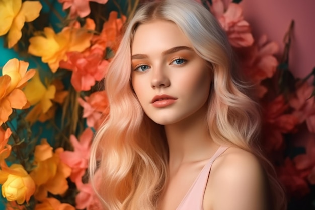 A girl with blonde hair and a pink dress stands in front of a flower background