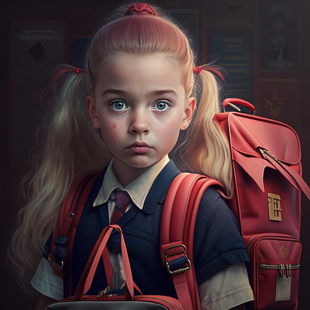 A girl with blonde hair and a red backpack is holding a bag with the letters f on it.