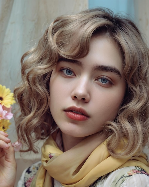 a girl with blonde hair and a scarf holding a flower