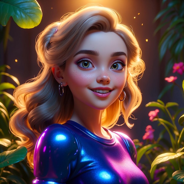 Girl with blonde hair in shiny blue outfit smiling generated by AI