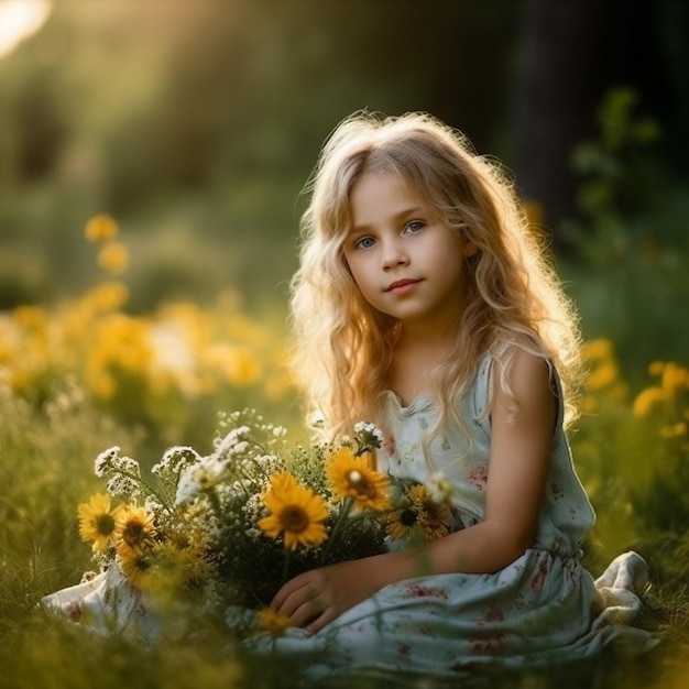 a girl with blonde hair sits in a field of wildflowers