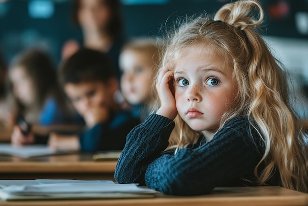 A Girl with Blonde Hair Sitting in Front of a Table with Other Children