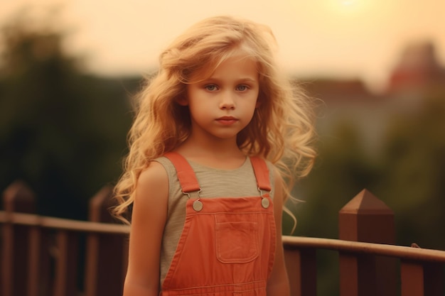 A girl with blonde hair stands on a fence in front of a sunset.