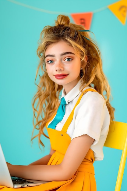 a girl with blonde hair and a tie is sitting in a yellow chair