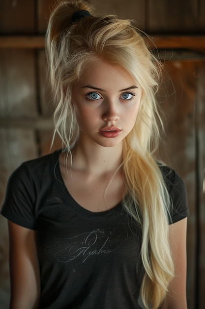 Photo a girl with blonde hair wearing a black shirt with the word quot on it