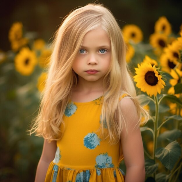 a girl with blonde hair and a yellow dress is standing in a field of sunflowers